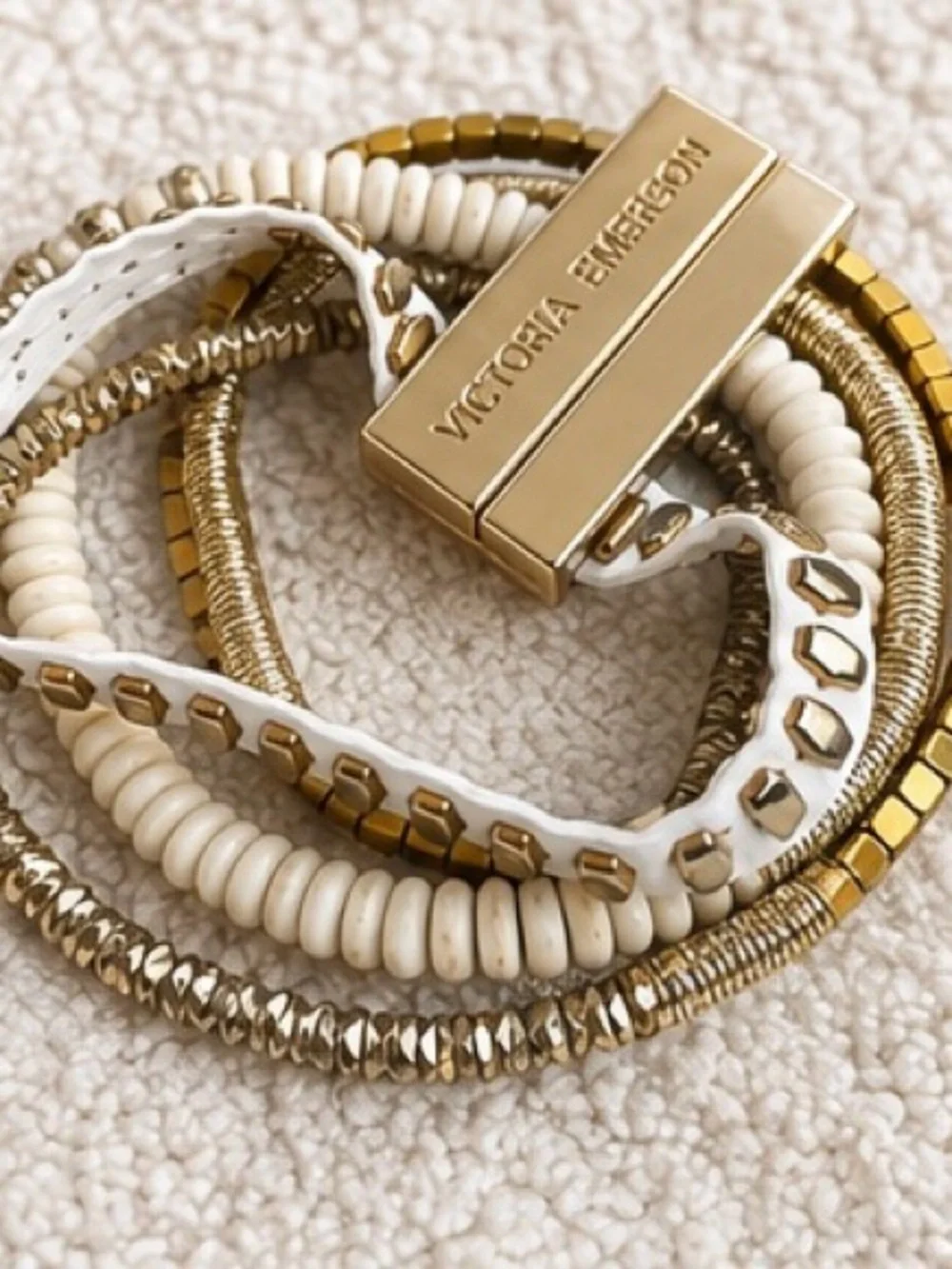 Victoria Emerson Multi-Strand Boho Cuff Bracelet | White & Gold Layered